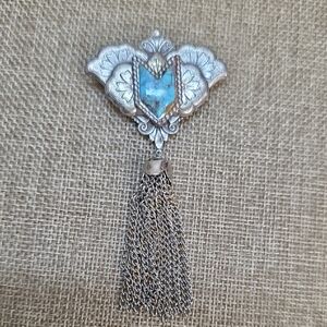 ARTISAN Signed Silver Toned And Faux Turquoise Pendant Brooch with Chain Tassel